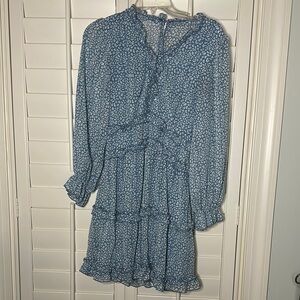 Chic Blue Patterned Long Sleeve Dress